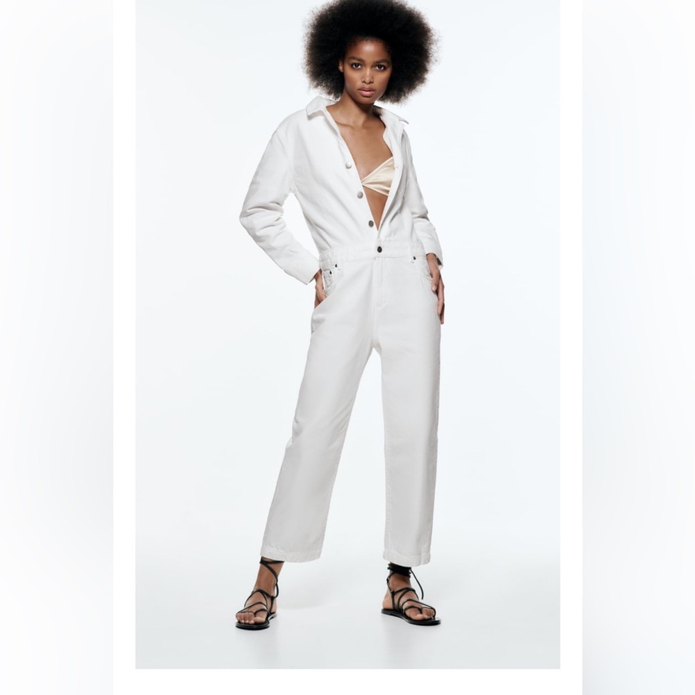 Zara long white denim jumpsuit sz s